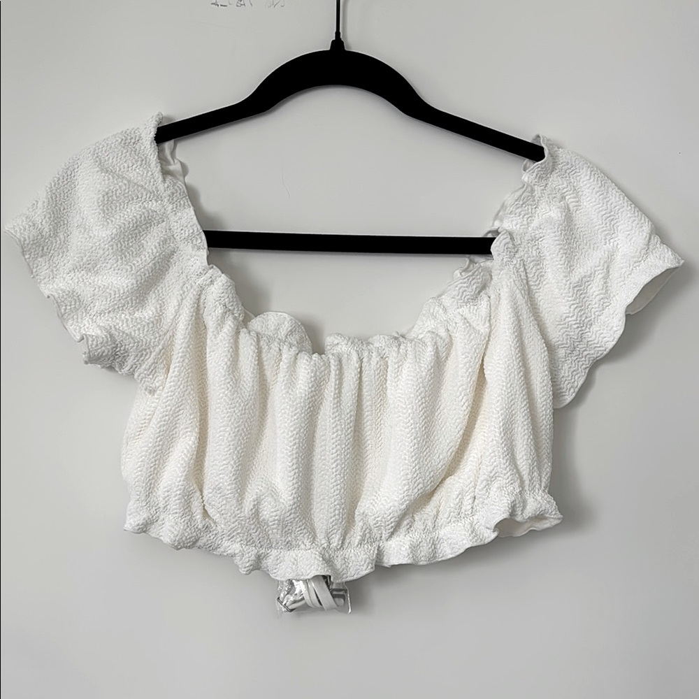 NWT Abercrombie & Fitch Bandeau White Swim Suit Top Ruffle Sleeves Women’s Large